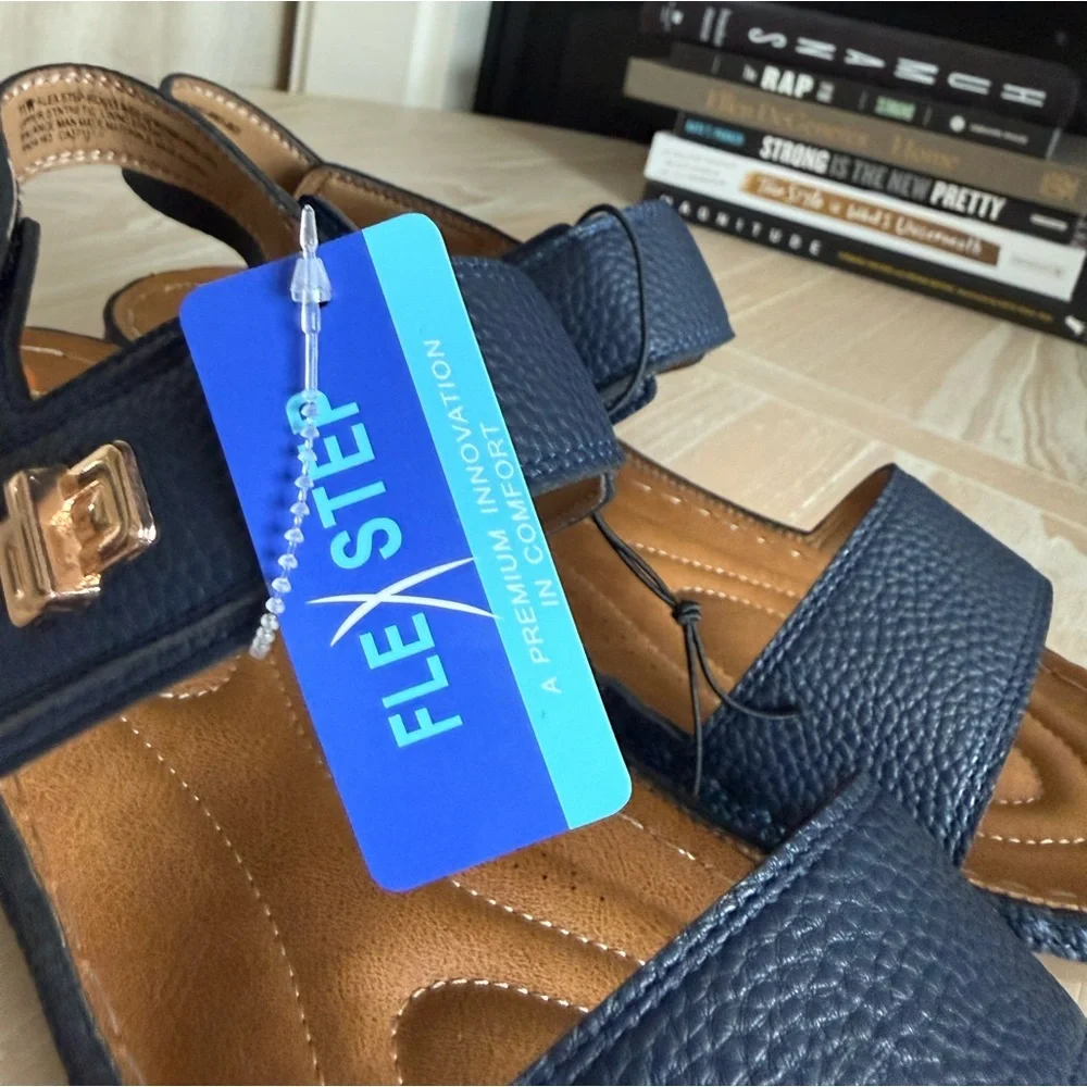 Flex Step|Navy Blue Sandals with Tan Accents,double strap faux leather•••NWT,11 - Picture 10 of 13
